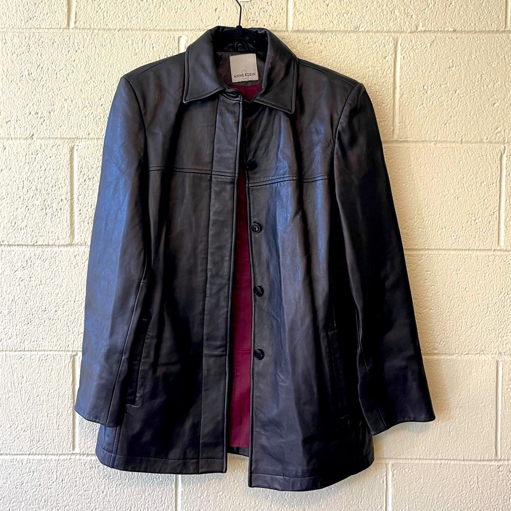 Vintage Ann Klein Black Leather Long Oversized Blazer Trench Coat